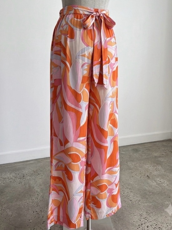Jules & Leopold Pants - JL| Wide Leg Tie-Waist Lightweight Pants in Orange & Pink Retro 70s Print Sz M